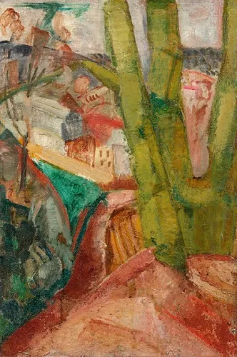 Paysage à l’arbre vert et aux toits rouges